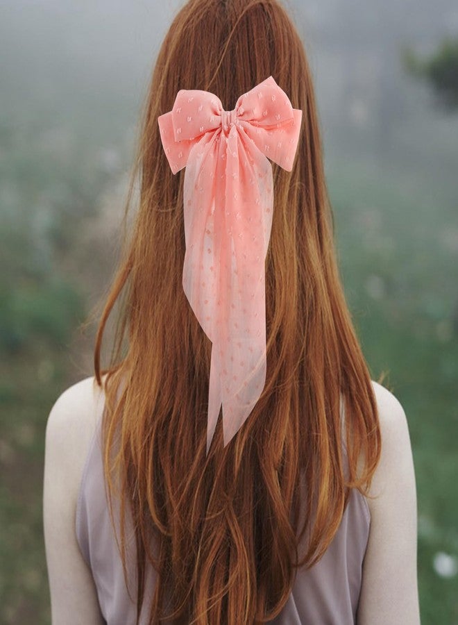 HLTOO 4PCS Chiffon Large Ribbon Hair Bows, Oversized Long-tail Hair Clips, Cute Hair Barrettes, for Women and Girls Hair Styling Accessories, Black, White, Beige, Light Pink - Image 4